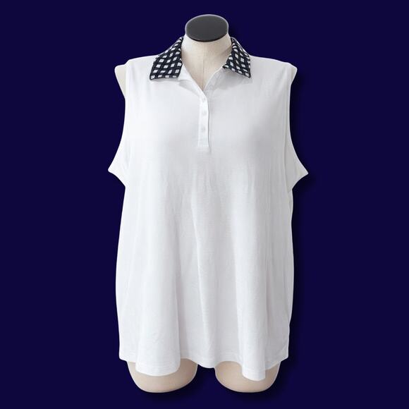 Draper James x Lands End 2X Top Polo Sleeveless Gingham Collar White Golf Preppy - Picture 1 of 13